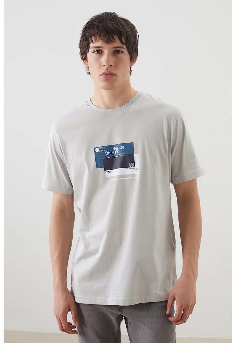 Tricou cu decolteu la baza gatului si imprimeu - Gri deschis/Albastru