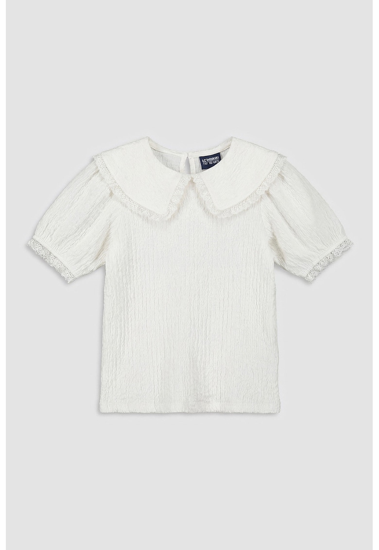 Bluza texturata cu guler Peter Pan si maneci scurte - Alb murdar