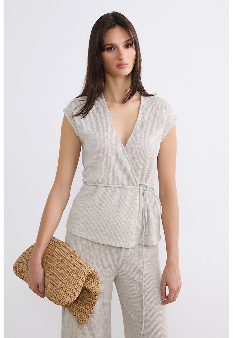 Bluza cu decolteu cache-coeur si cordon - Gri