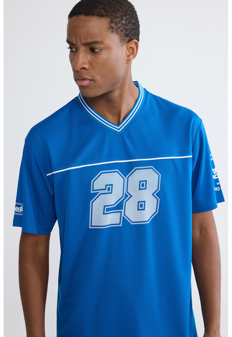 Tricou cu imprimeu si decolteu in V - Albastru royal/Albastru glaciar