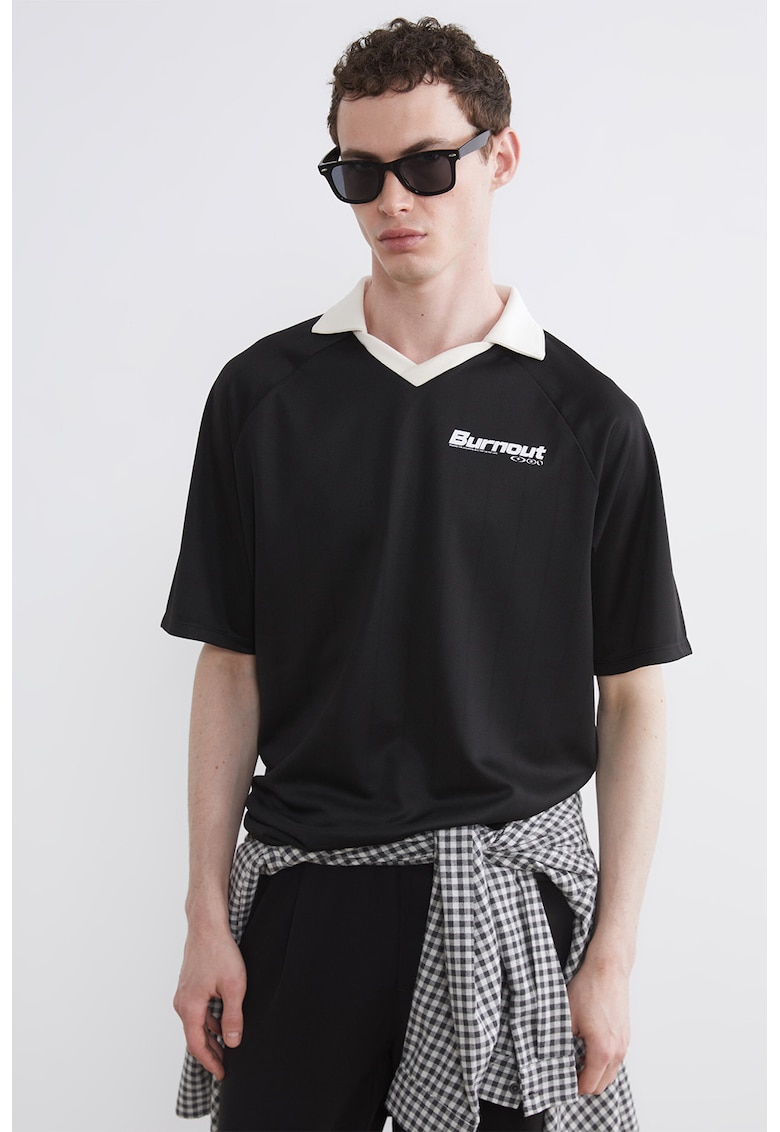 Tricou polo cu imprimeu - Negru stins/Alb optic