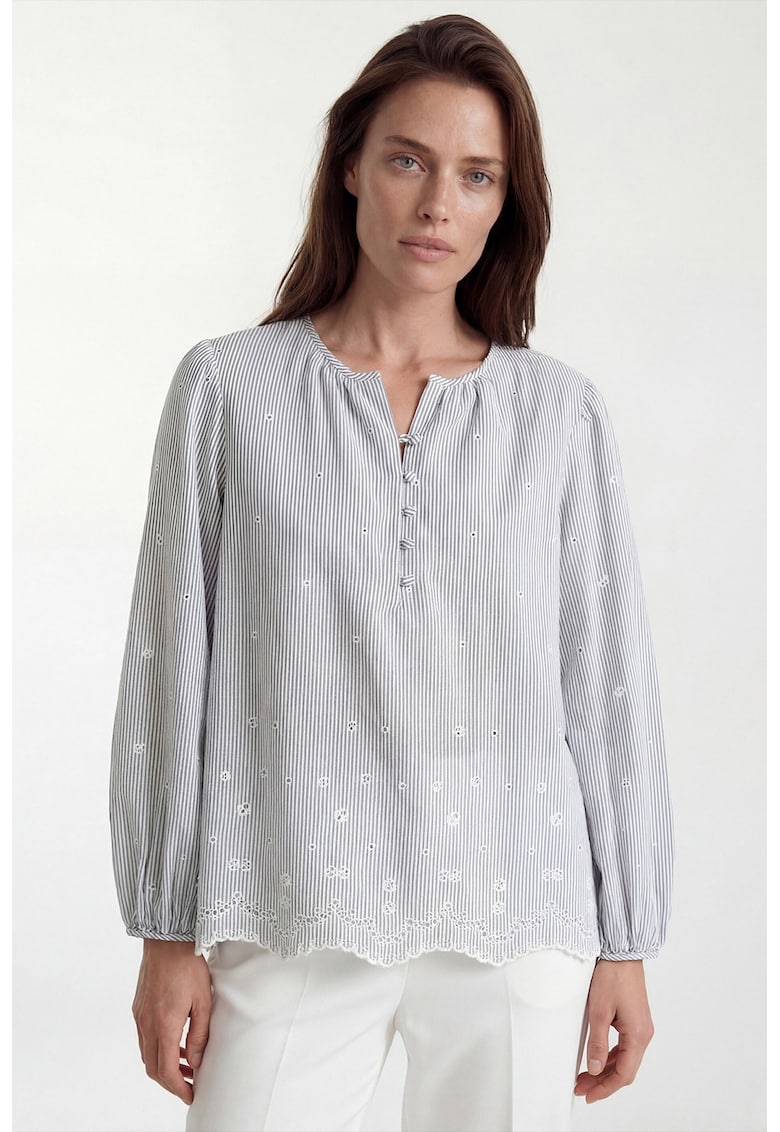 Bluza cu broderie florala si dungi - Alb/Albastru prafuit