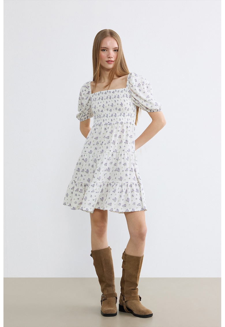 Rochie scurta cu decolteu patrat si segment cu insertie elastica - Alb/Lila