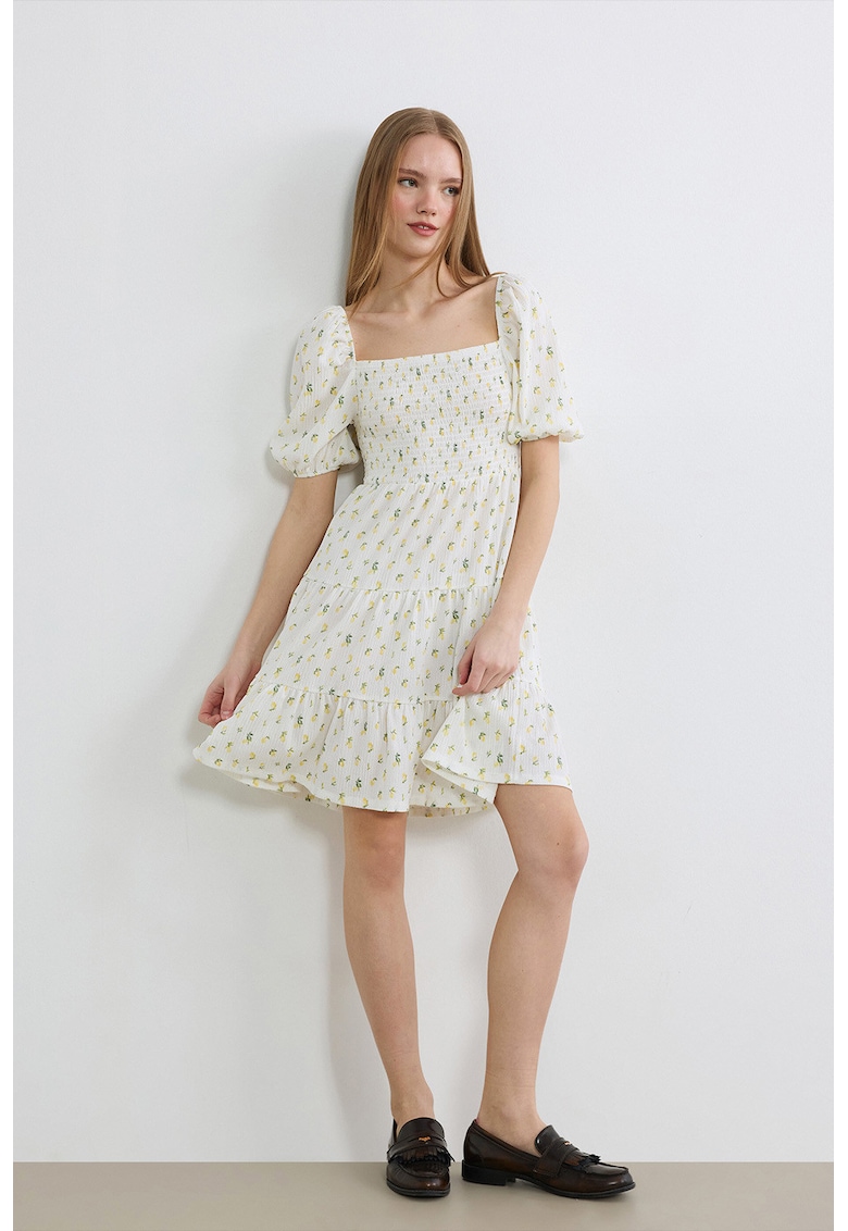 Rochie scurta cu decolteu patrat si segment cu insertie elastica - Alb/Verde/Galben