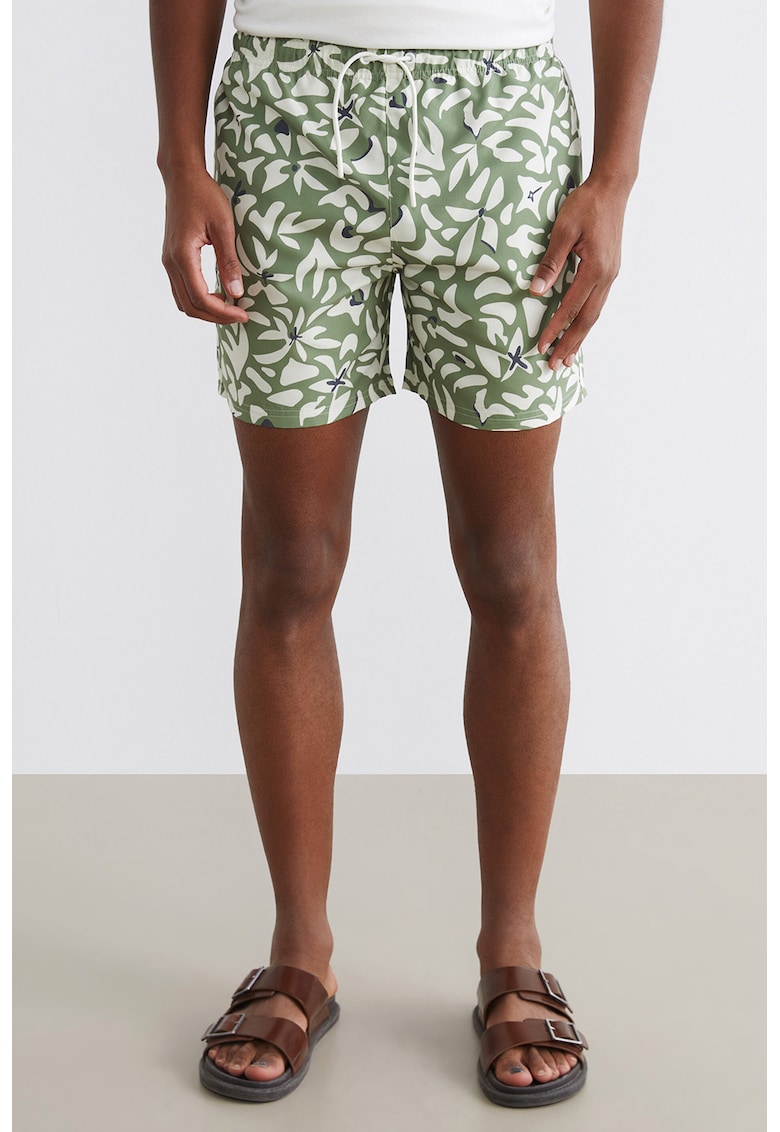 Pantaloni scurti de baie cu snur de ajustare si model - Verde/Crem