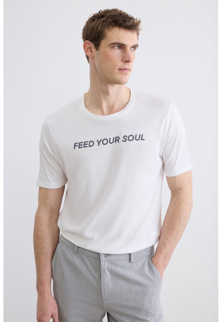 Tricou cu decolteu la baza gatului si imprimeu text - Alb optic/Gri inchis