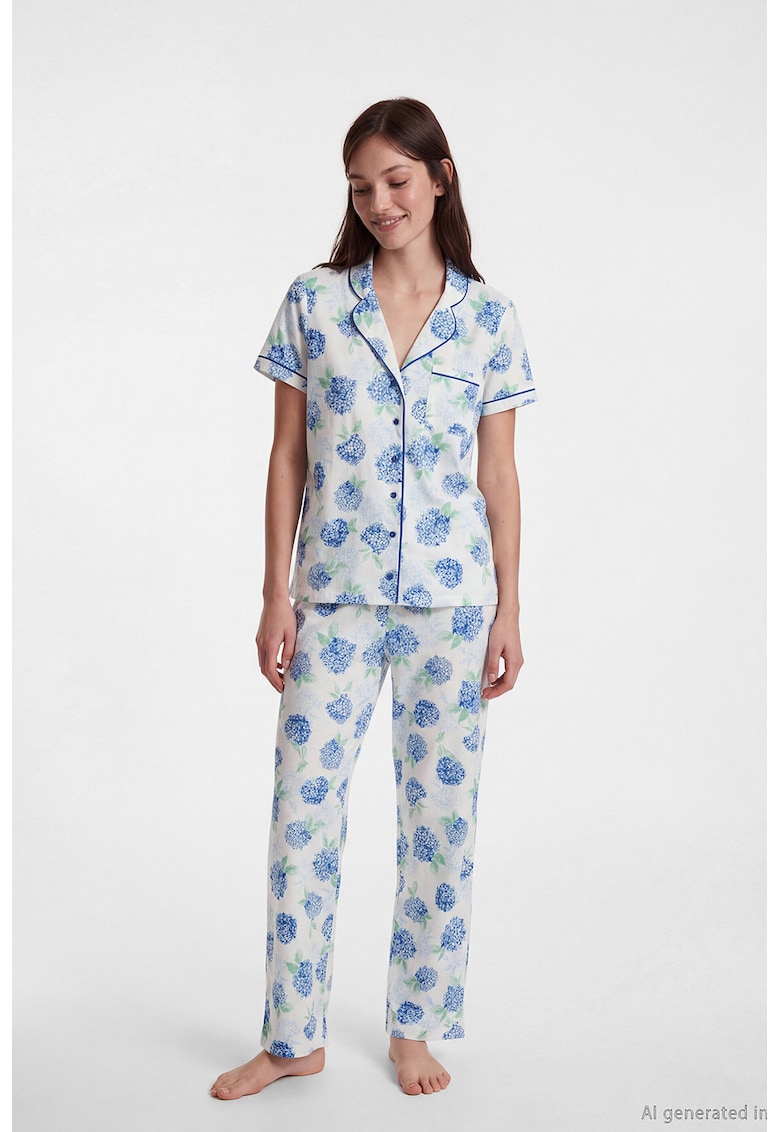 Set de camasa cu maneci scurte si model floral si pantaloni de pijama - Alb/Verde/Albastru