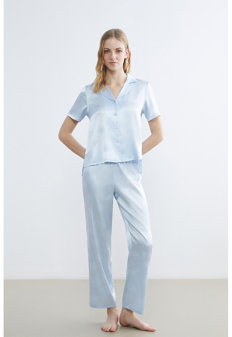 Pijama din satin cu model floral - Albastru deschis