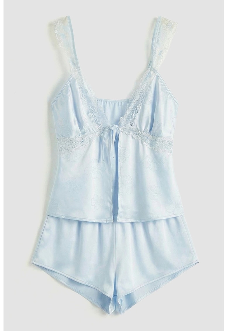 Pijama din satin cu insertii din dantela - Albastru deschis