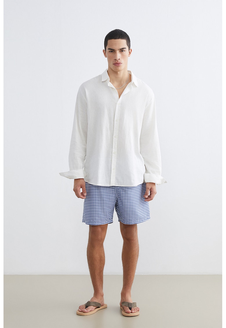 Pantaloni scurti cu snururi si model in carouri - Alb/Bleumarin