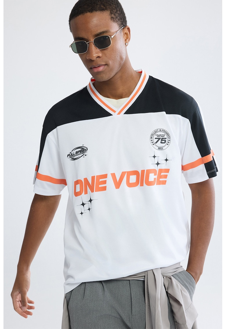 Tricou supradimensionat cu decolteu in V - Alb/Negru