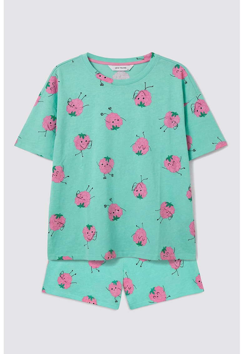 Pijama cu pantaloni scurti si model - Verde aquamarin/Roz