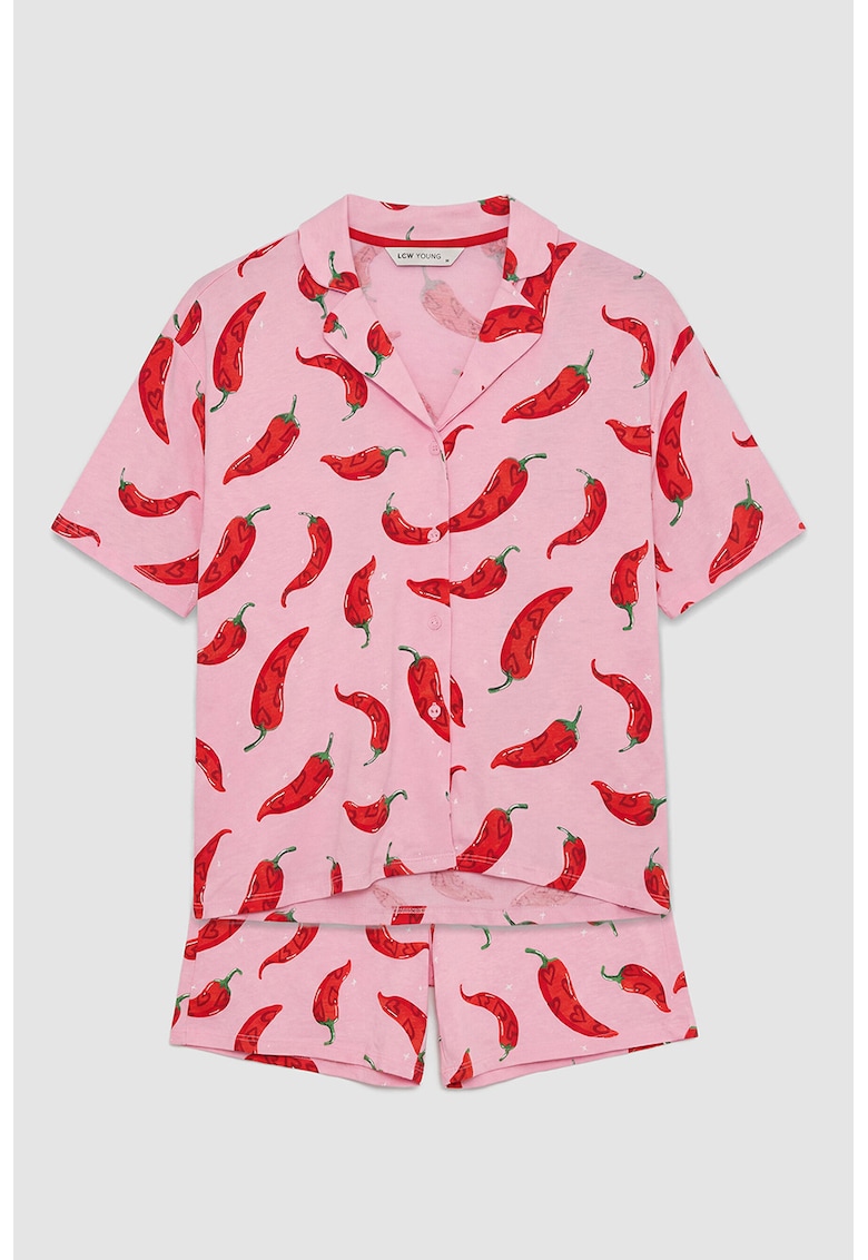Pijama din bumbac cu pantaloni scurti si nasturi - Rosu/Roz