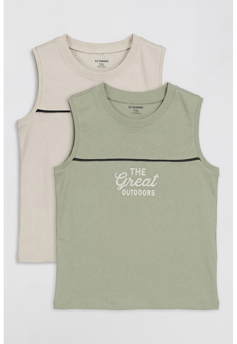 Set de top-uri cu imprimeu text - 2 piese - Maro taupe deschis/Verde deschis