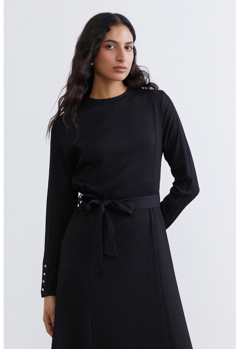 Rochie texturata cu maneci lungi - Negru