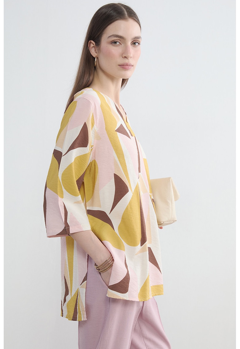 Bluza cu decolteu in V si model - Alb/Maro/Galben