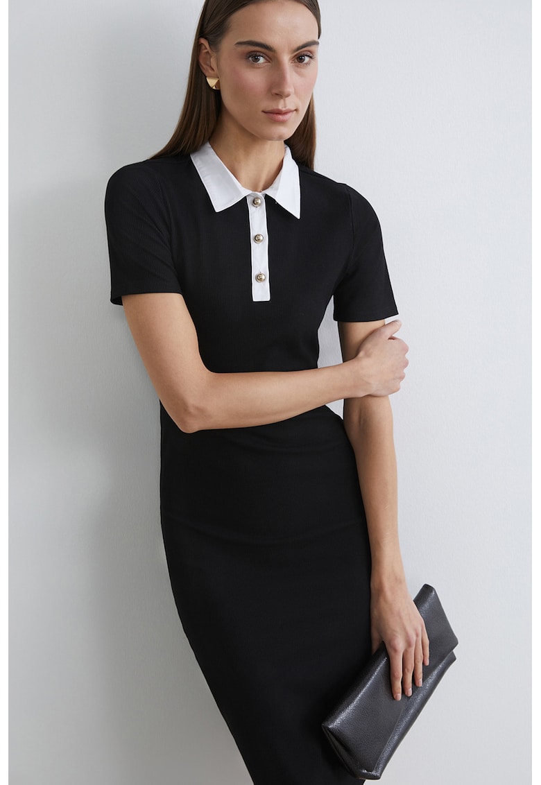 Rochie midi cu fenta cu nasturi - Negru