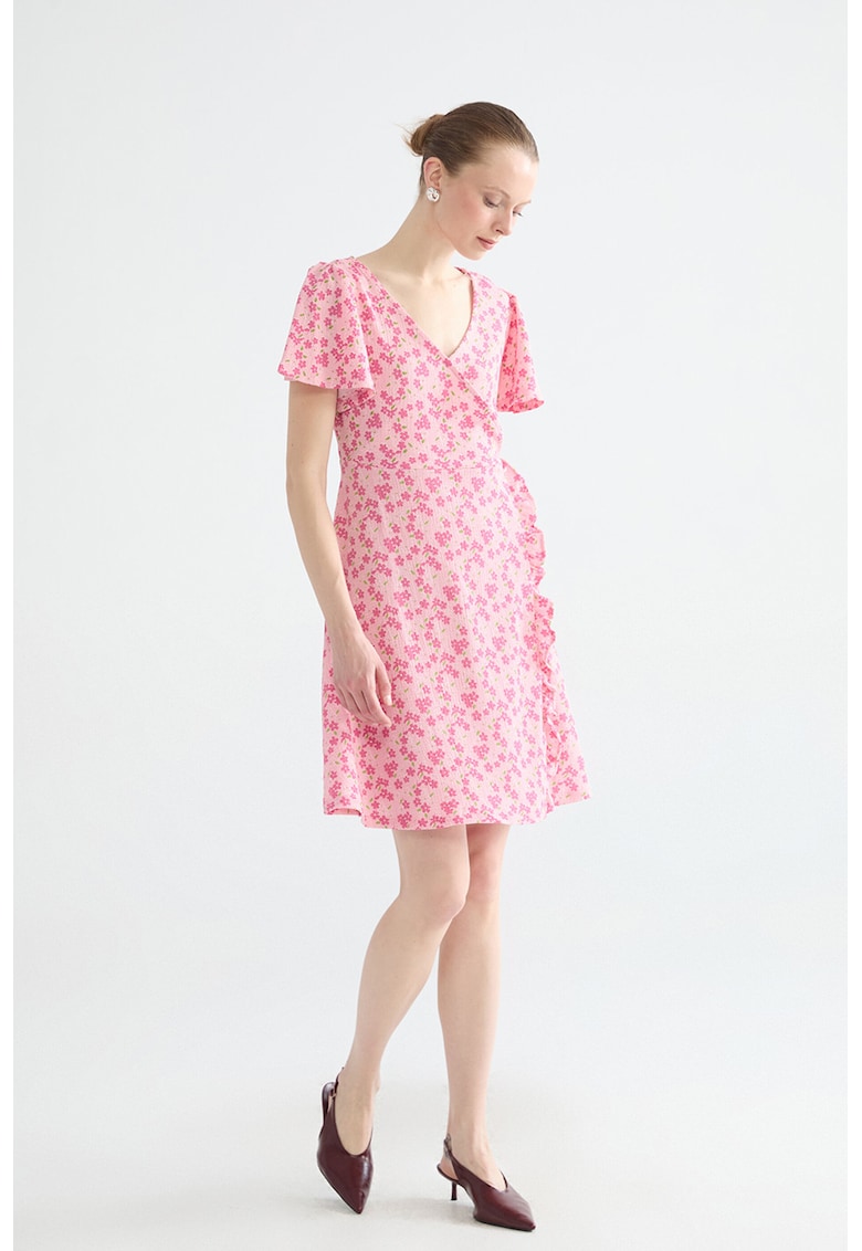 Rochie cu decolteu in V si model floral - Roz