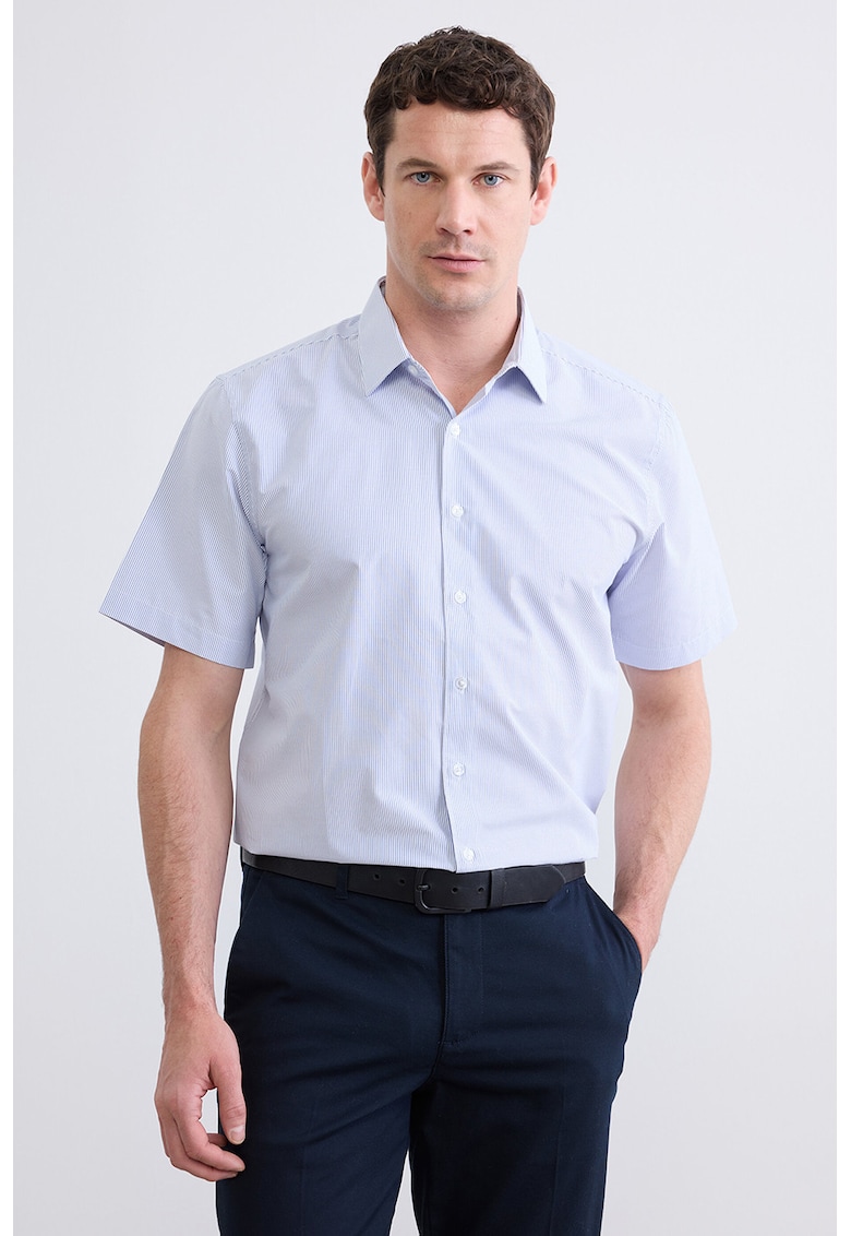 Camasa din amestec de bumbac cu model in dungi - Alb/Albastru