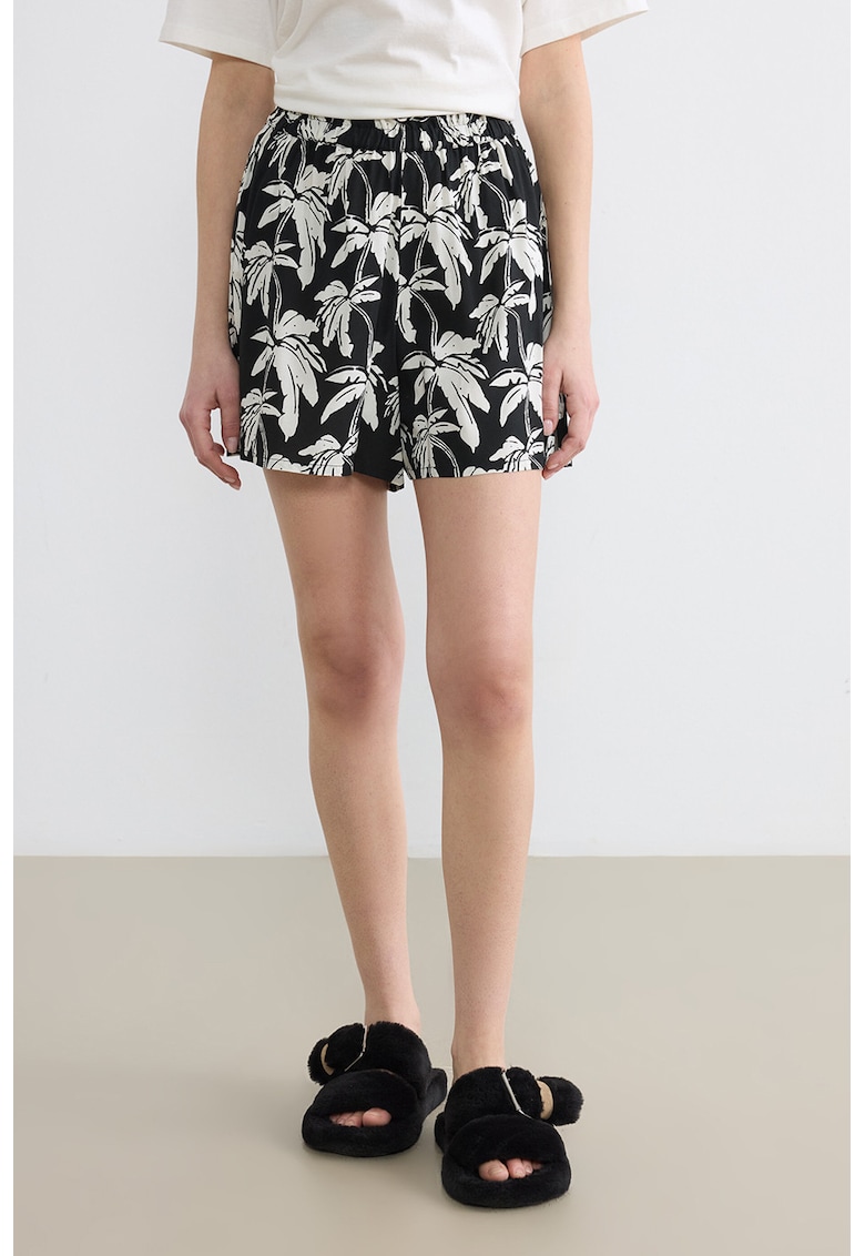 Pantaloni scurti cu model tropical si banda elastica in talie - Negru