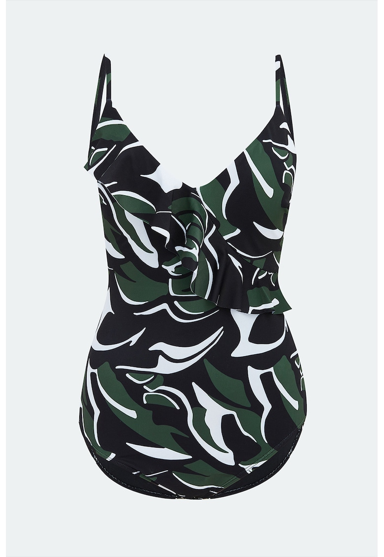 Costum de baie intreg cu model si volane - Alb/Negru