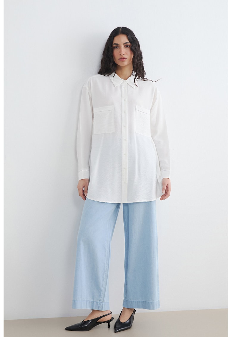 Pantaloni ampli din chambray cu talie elastica - Albastru deschis