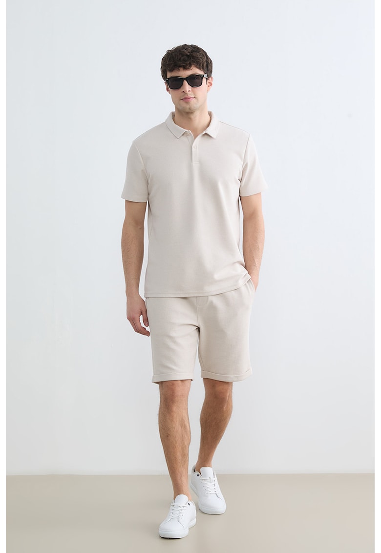 Pantaloni scurti din amestec de bumbac cu snur de ajustare - Bej