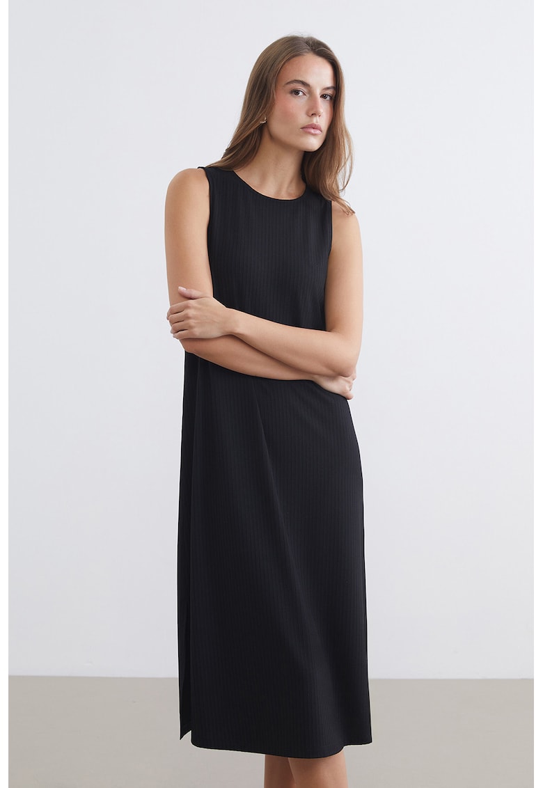 Rochie midi cu croiala dreapta si model uni - Negru