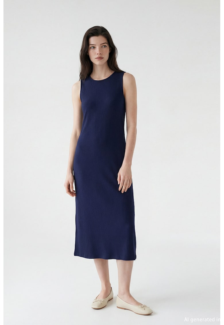 Rochie midi cu croiala dreapta si model uni - Bleumarin