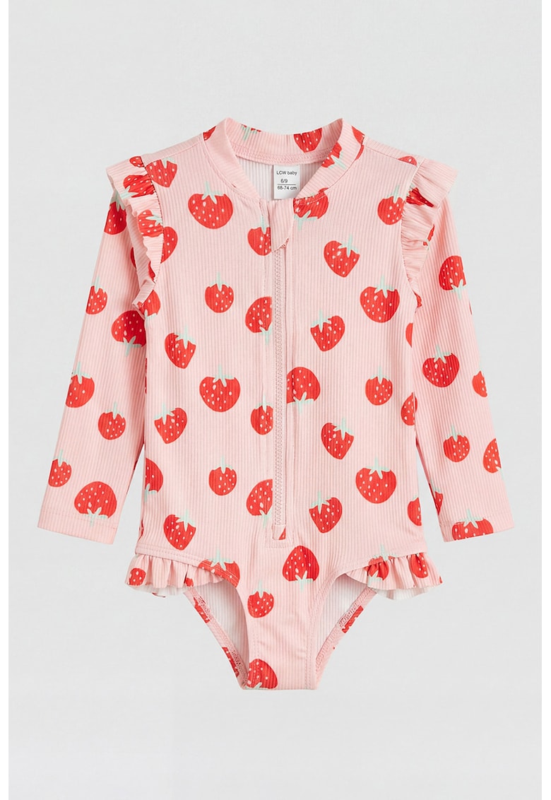 Costum de baie texturat cu maneci lungi - Rosu/Roz pal
