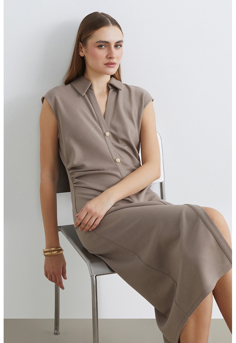 Rochie cu decolteu in V si nasturi - Maro taupe