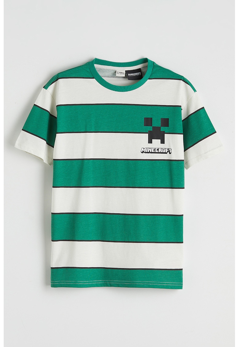 Tricou cu model tematic Minecraft si dungi - Alb/Verde/Negru