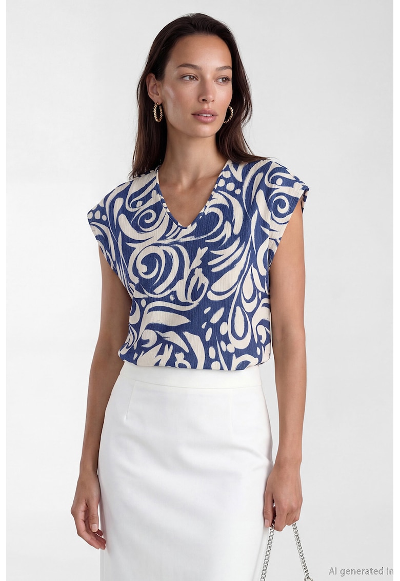 Bluza cu decolteu in V si model cu buline - Alb/Bleumarin