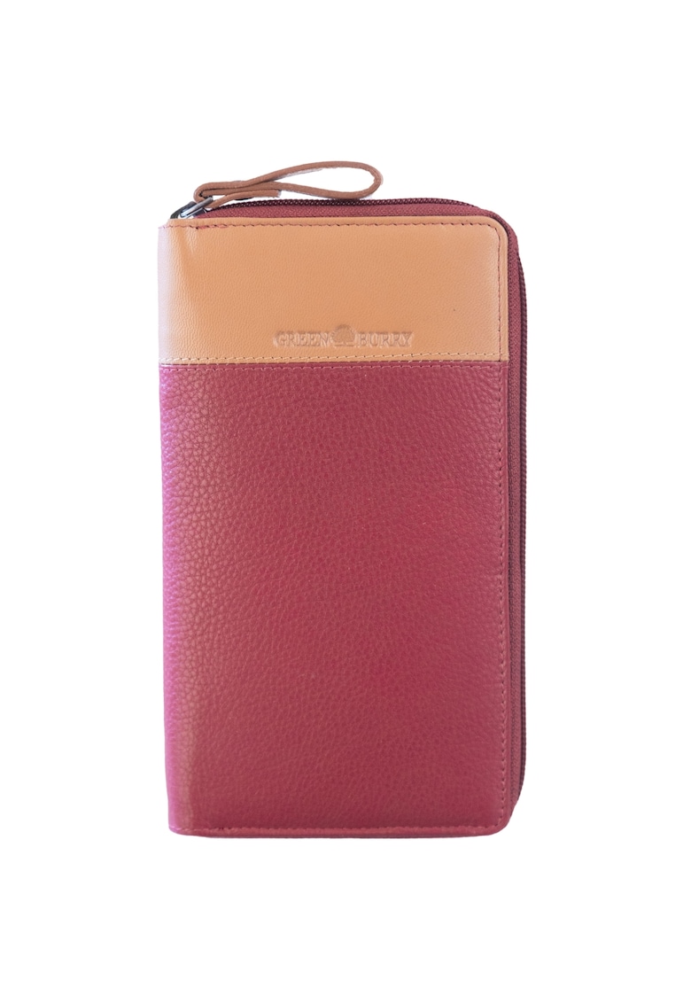 Portofel piele naturala maro deschis 19.5 x 11 x 2 - Duett - Maro deschis - Rosu/Bej - 19.5 x 11 x 2 cm