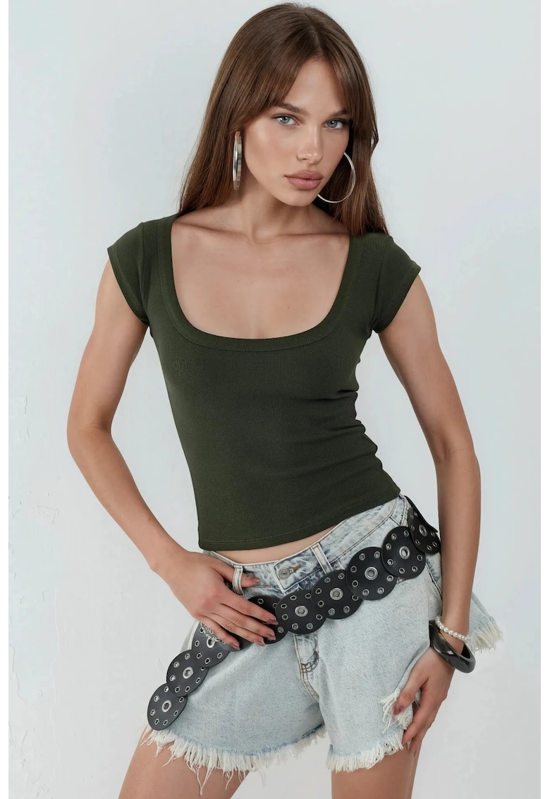 Tricou dama - Guler U - Kaki - Bumbac/Elastan