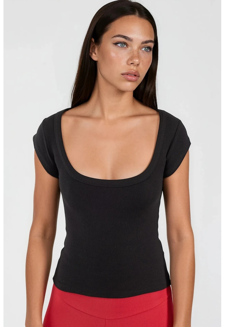 Tricou dama - Guler U - Negru - Bumbac/Elastan - Slim fit