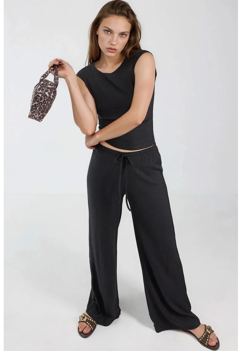 Pantaloni dama - talie cu snur - negru - poliester