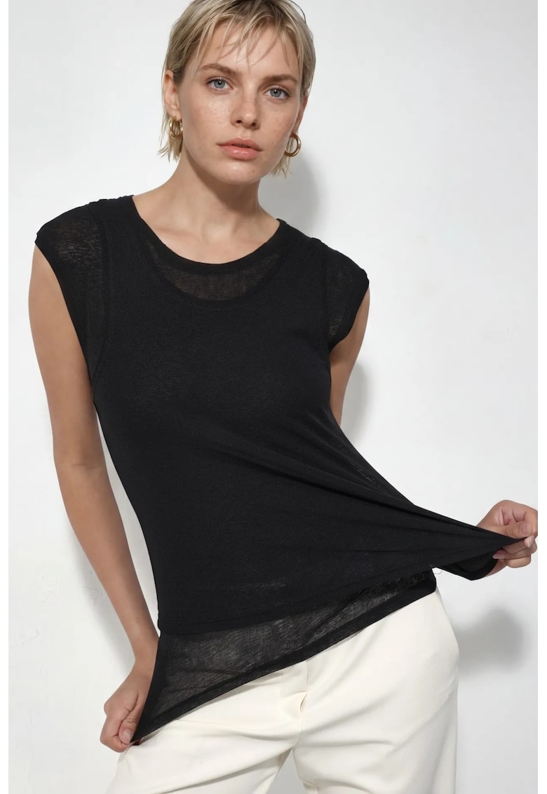 Top dama - Negru - Poliester - Guler rotund