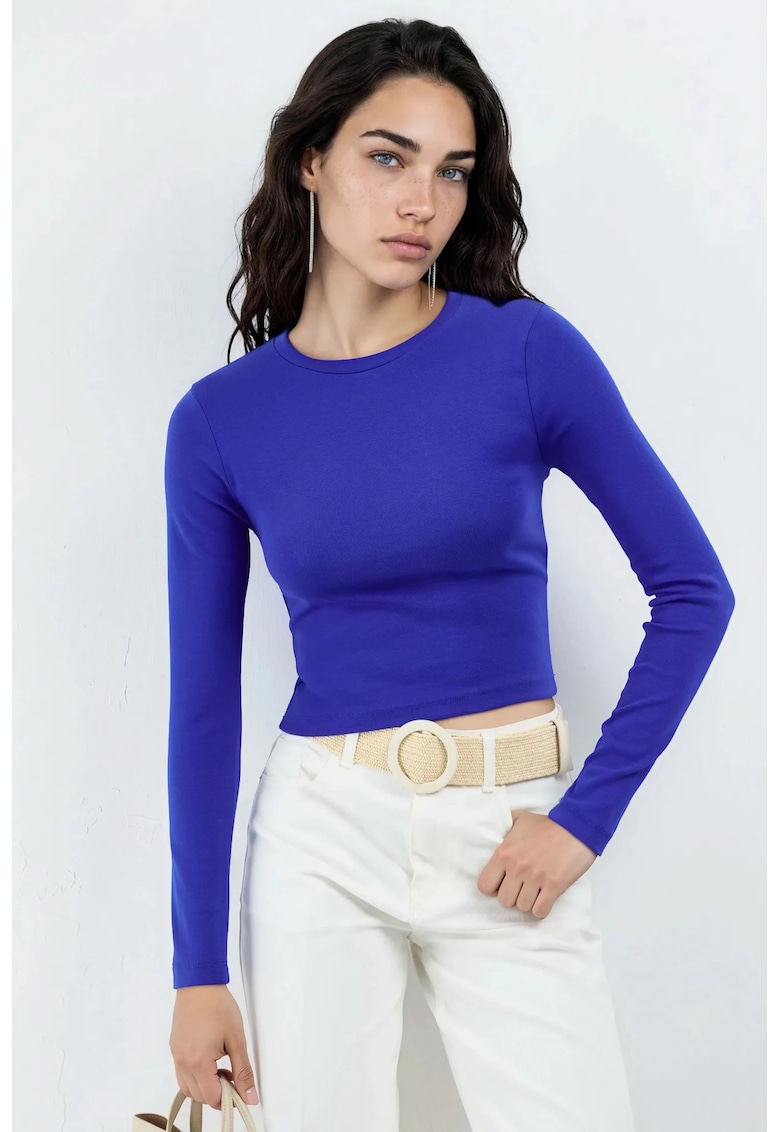 Bluza dama - Guler rotund - Bumbac/Elastan - Albastru