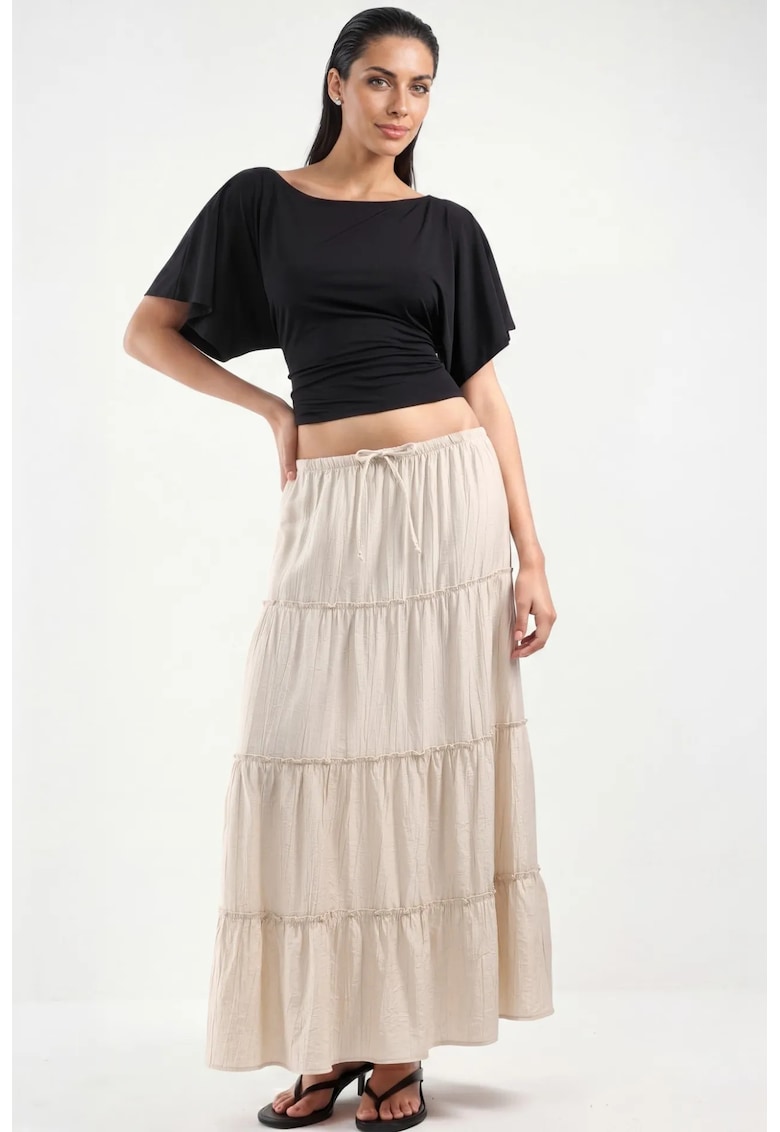 Fusta maxi talie inalta - texturata - bej natural - poliester