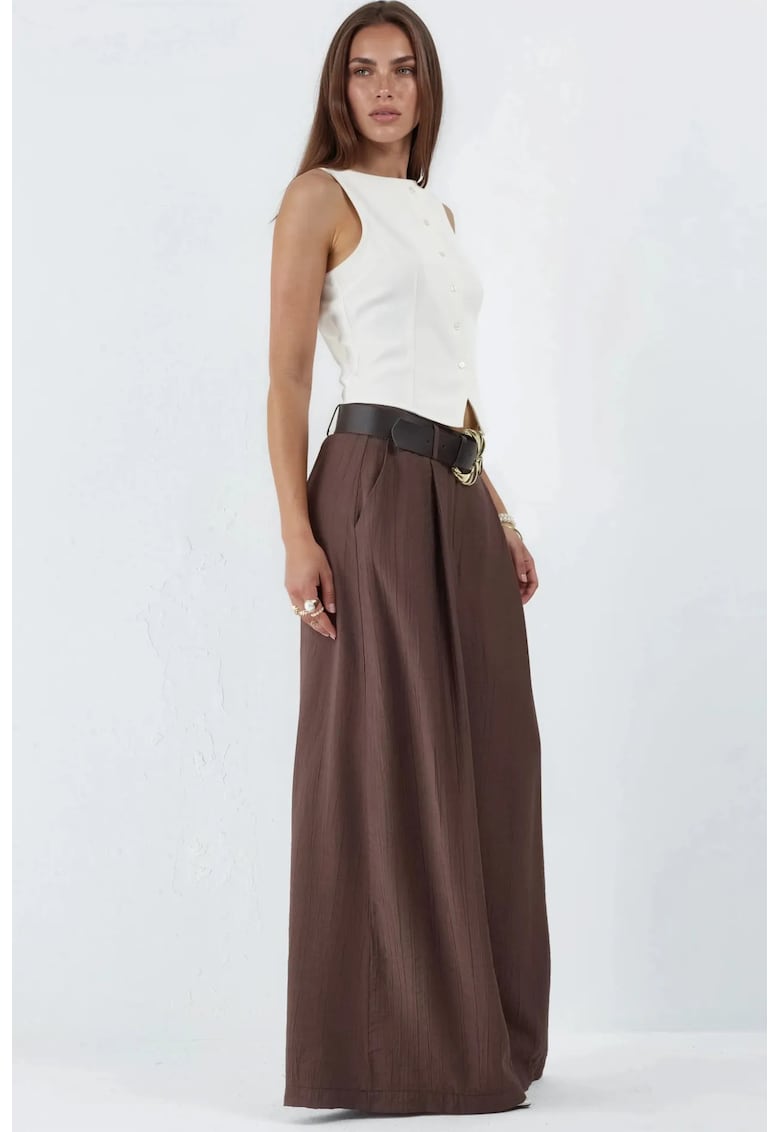 Pantaloni dama talie inalta - plisati - maro - poliester