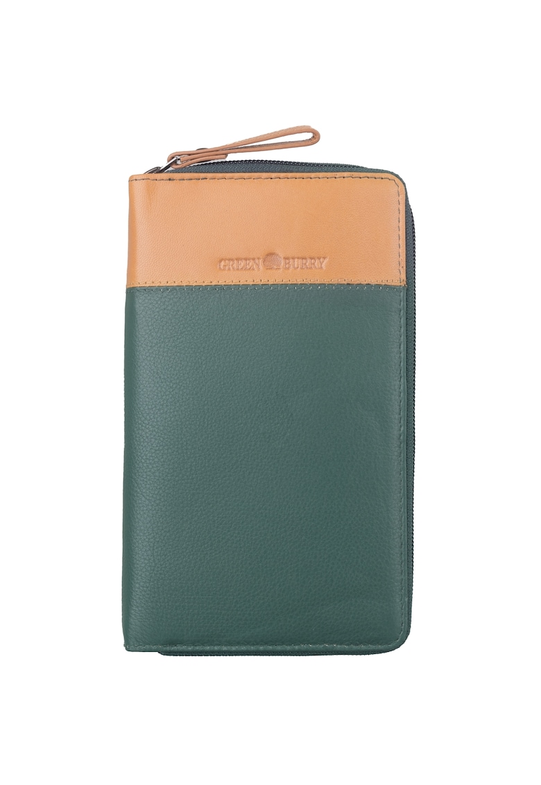 Portofel piele naturala maro deschis 19.5 x 11 x 2 - Duett - Maro deschis - Verde/Bej - 19.5 x 11 x 2 cm