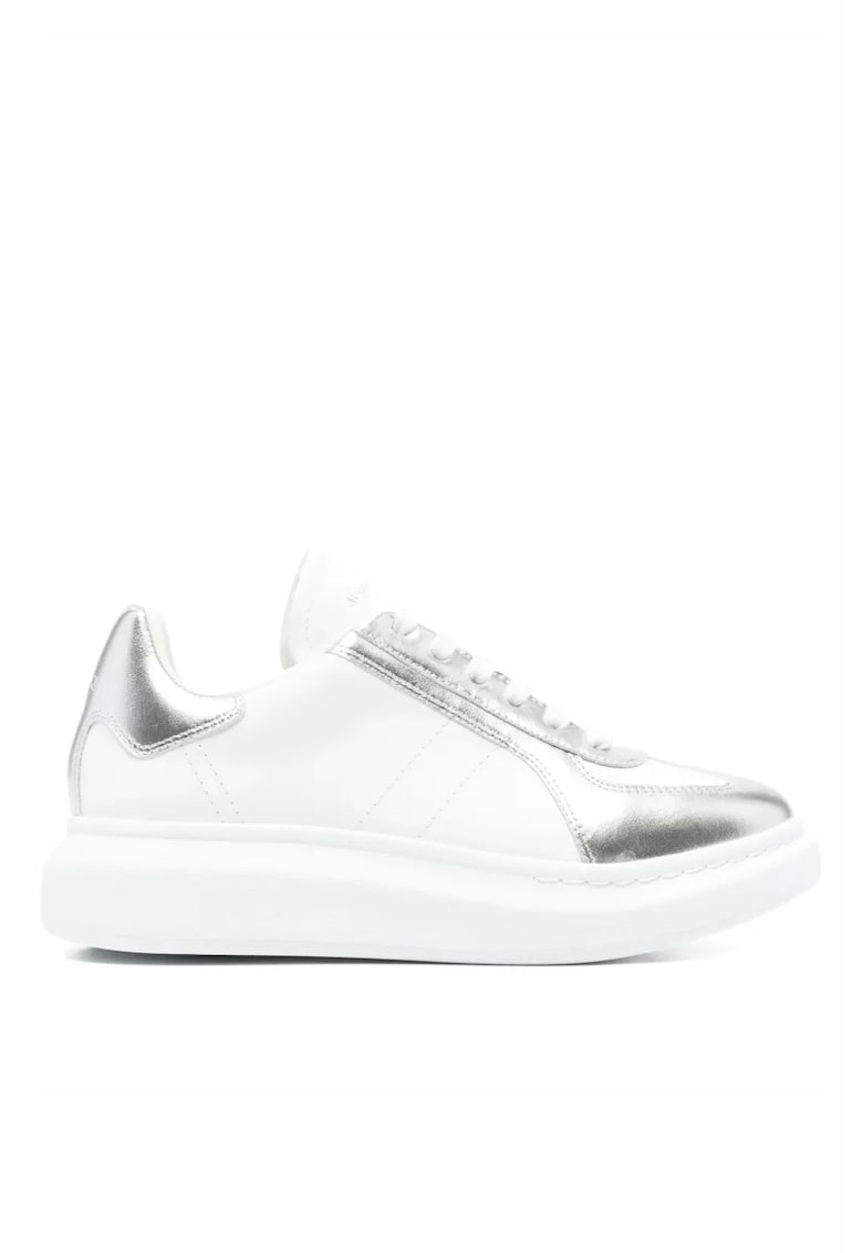 Oversized metallic-panel leather sneakers - Alb/Argintiu