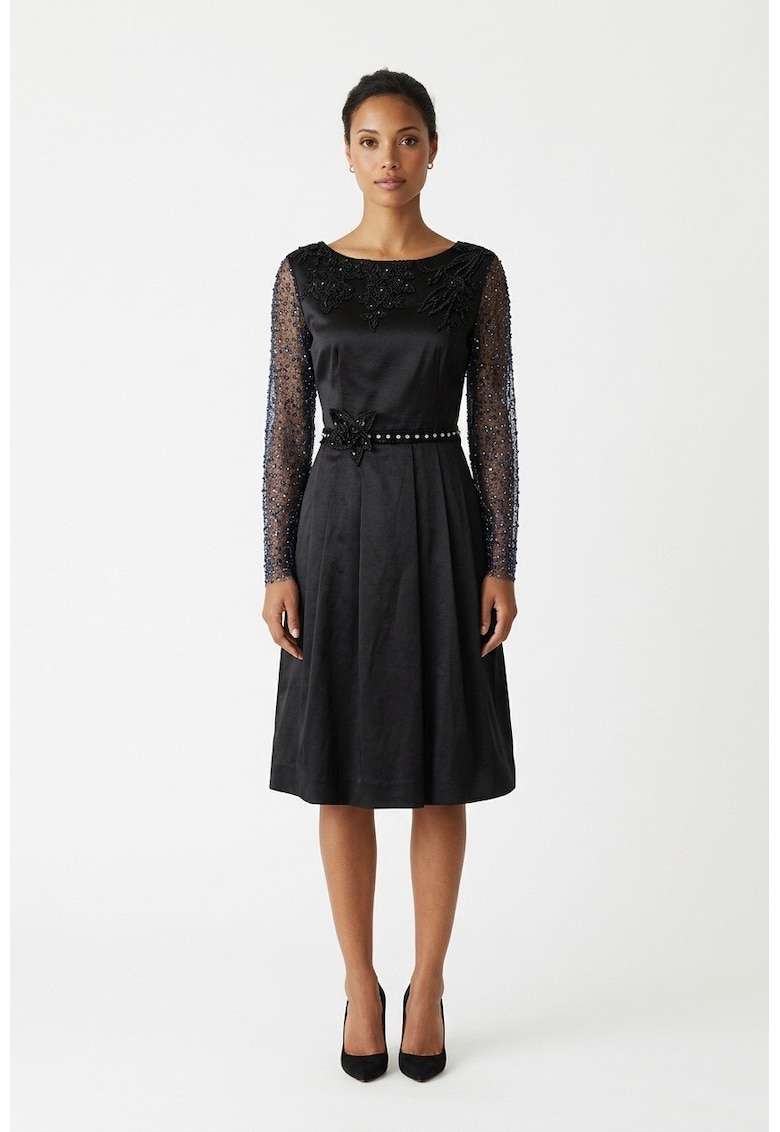 Rochie midi de seara din tafta neagra cu aplicatii din dantela cu margele si perle Meira