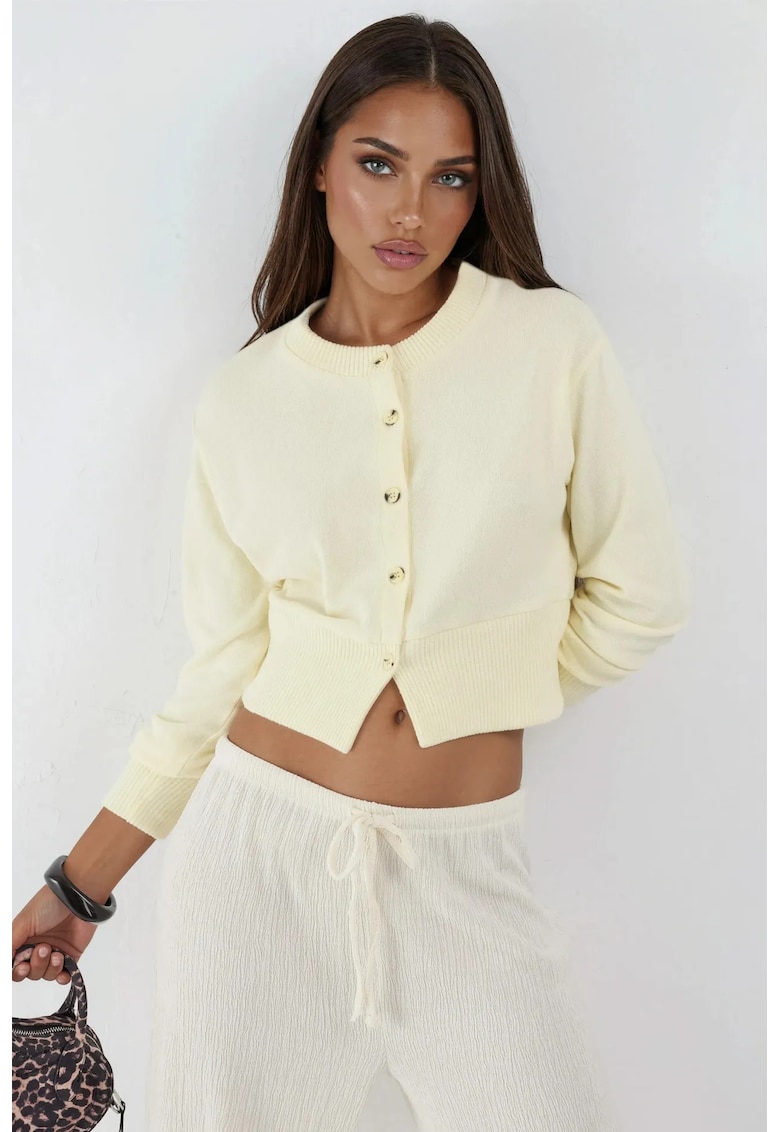 Pulover scurt - cu nasturi - guler rotund - galben lamaie - tricot moale