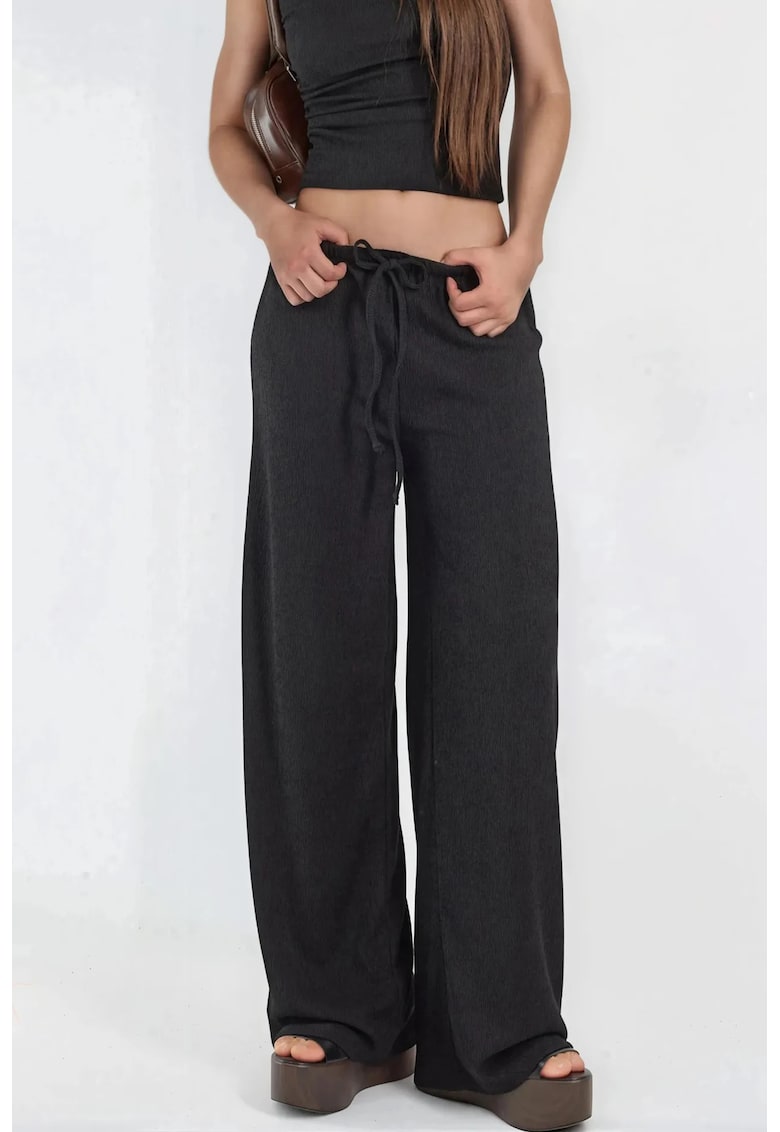 Pantaloni dama talie cu snur - negru - poliester