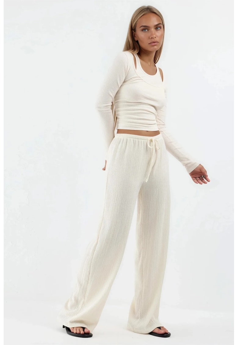 Pantaloni dama talie cu snur - alb - poliester-viscoza