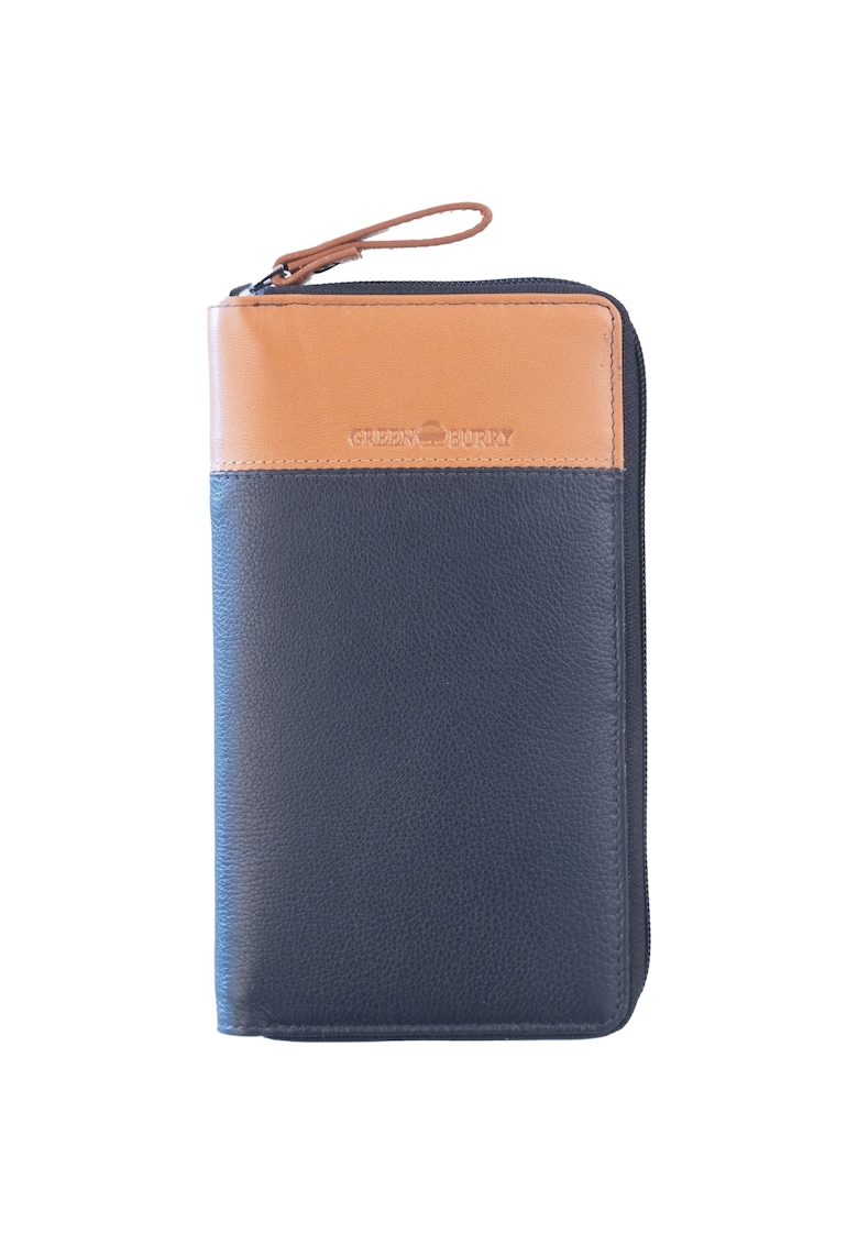 Portofel piele naturala bleumarin - bej 19.5 x 11 x 2 cm - Duett -