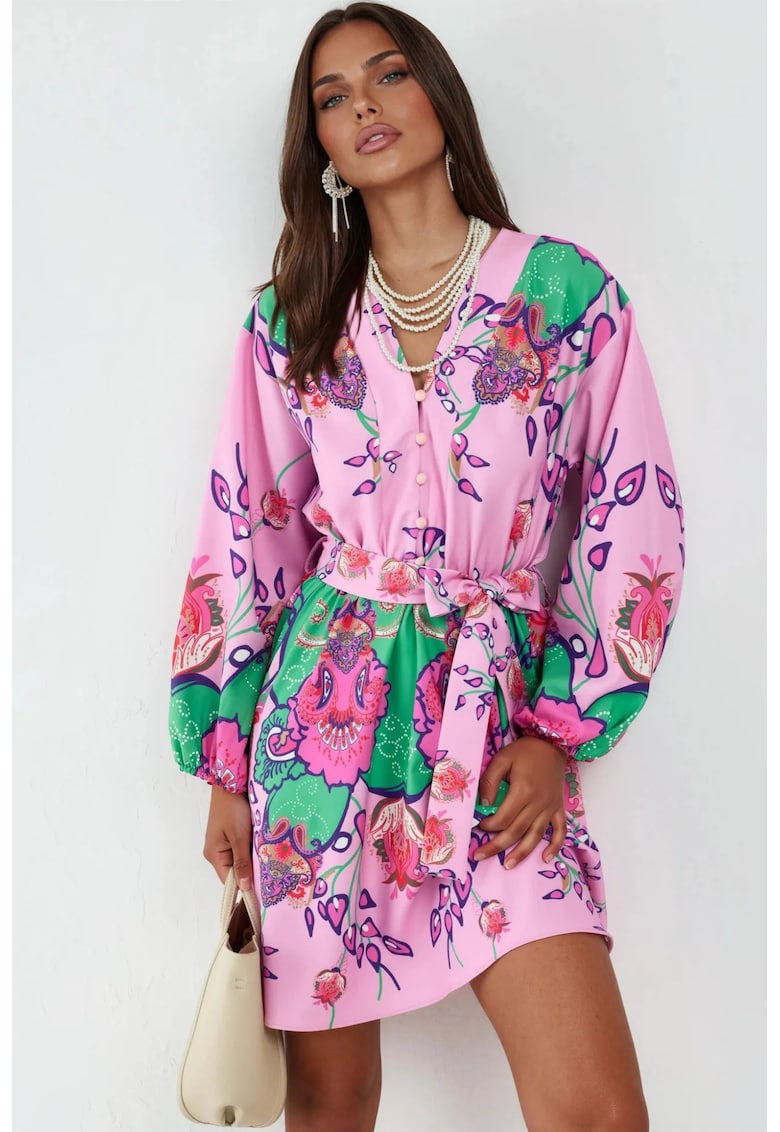 Rochie mini - model floral - maneca lunga - multicolor - poliester/bumbac/lycra