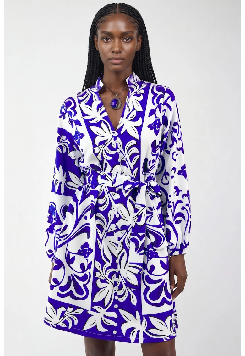 Rochie tip camasa mini - poliester/bumbac - imprimeu floral - decolteu in V - cu maneca lunga - curea - alb/albastru